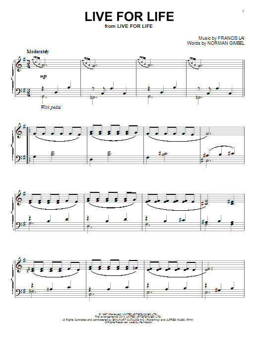 Francis Lai Live For Life Sheet Music Notes & Chords for Melody Line, Lyrics & Chords - Download or Print PDF