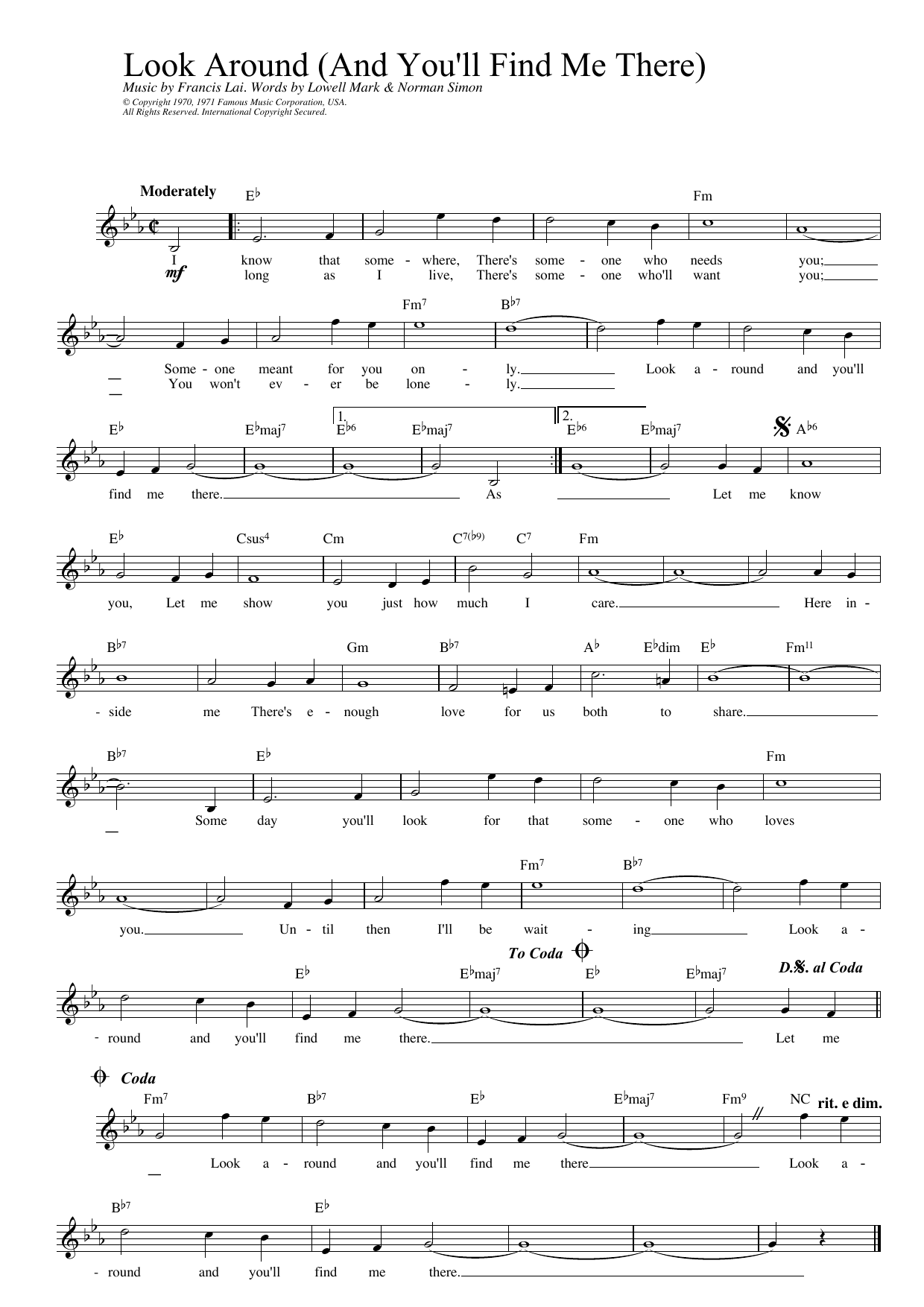 Francis Lai Look Around (And You'll Find Me There) (from Love Story) Sheet Music Notes & Chords for Melody Line, Lyrics & Chords - Download or Print PDF