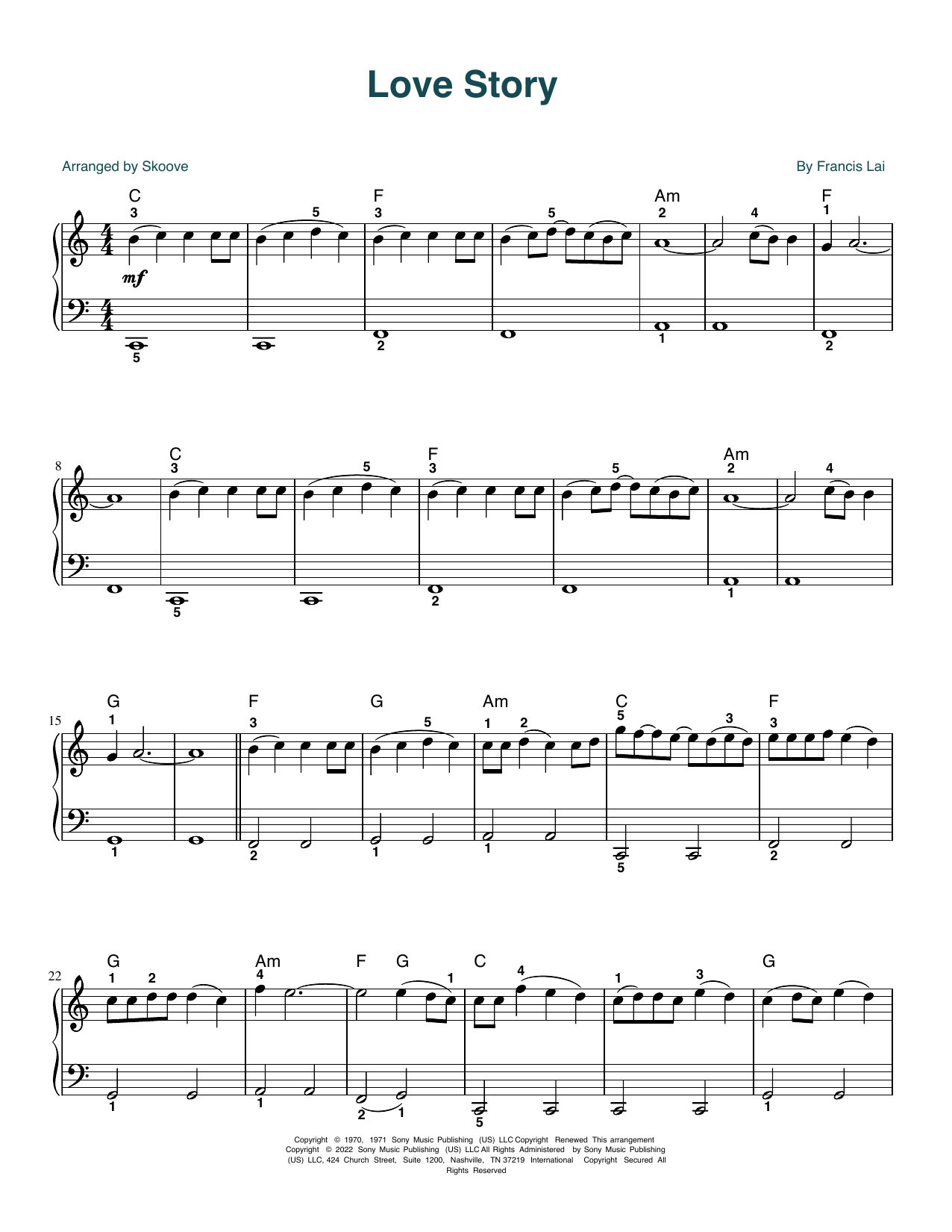 Francis Lai Love Story (arr. Skoove) Sheet Music Notes & Chords for Beginner Piano (Abridged) - Download or Print PDF