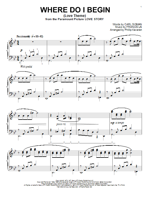 Francis Lai Where Do I Begin (Love Theme) Sheet Music Notes & Chords for Piano - Download or Print PDF
