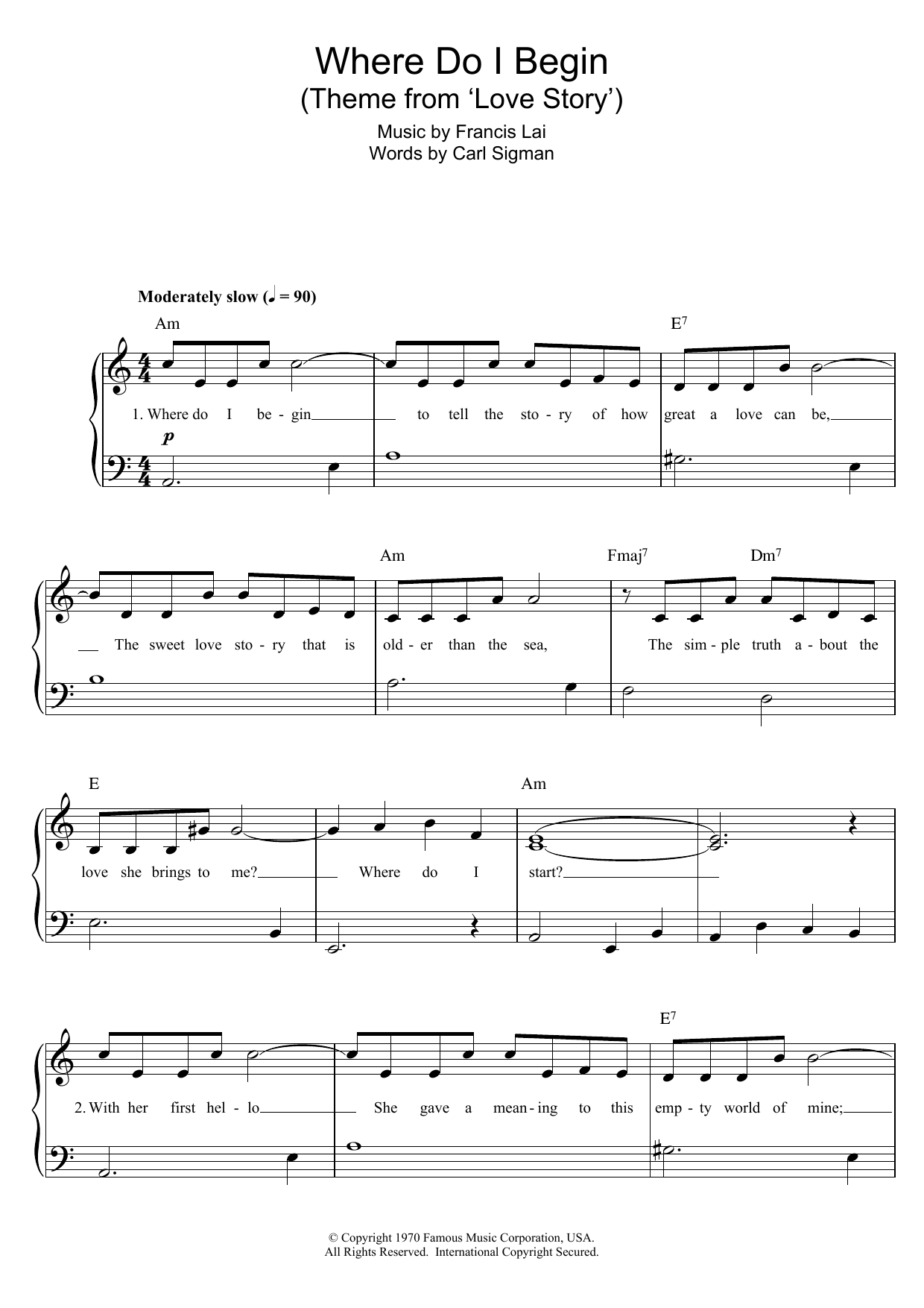 Francis Lai Where Do I Begin Sheet Music Notes & Chords for Piano - Download or Print PDF
