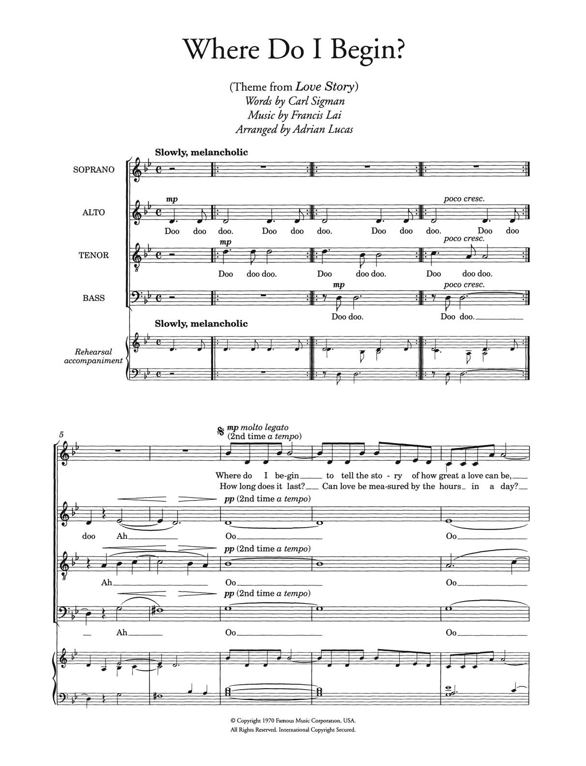 Francis Lai Where Do I Begin (theme from Love Story) (arr. Adrian Lucas) Sheet Music Notes & Chords for Choir - Download or Print PDF