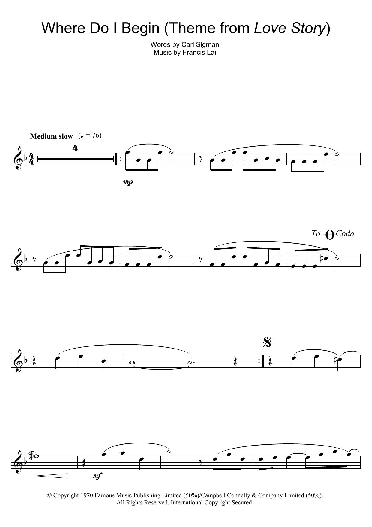 Francis Lai Where Do I Begin (theme from Love Story) Sheet Music Notes & Chords for Lead Sheet / Fake Book - Download or Print PDF