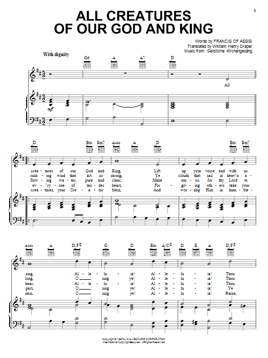 Francis Of Assisi All Creatures Of Our God And King Sheet Music Notes & Chords for Piano, Vocal & Guitar (Right-Hand Melody) - Download or Print PDF