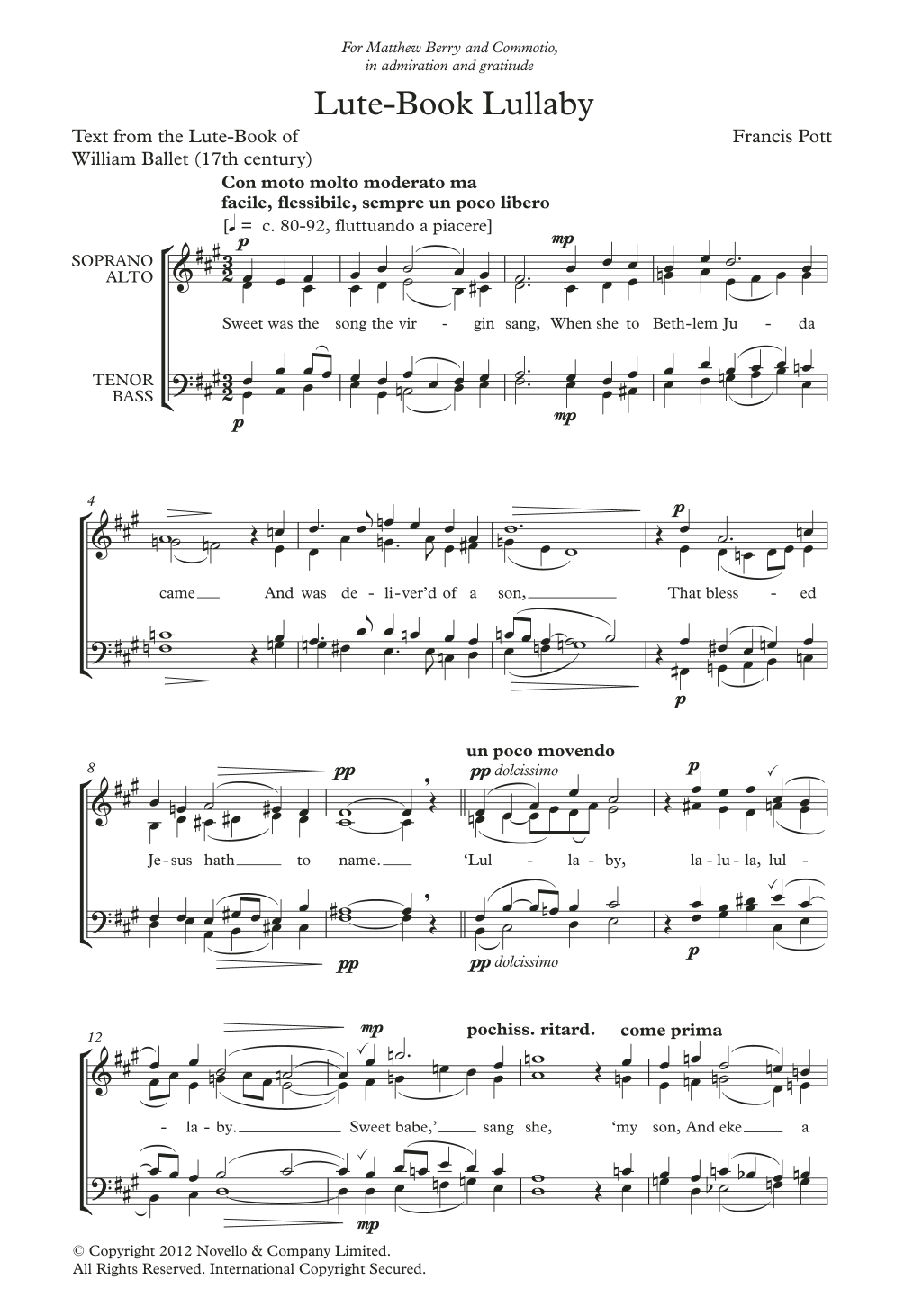 Francis Pott Lute-Book Lullaby Sheet Music Notes & Chords for SATB Choir - Download or Print PDF