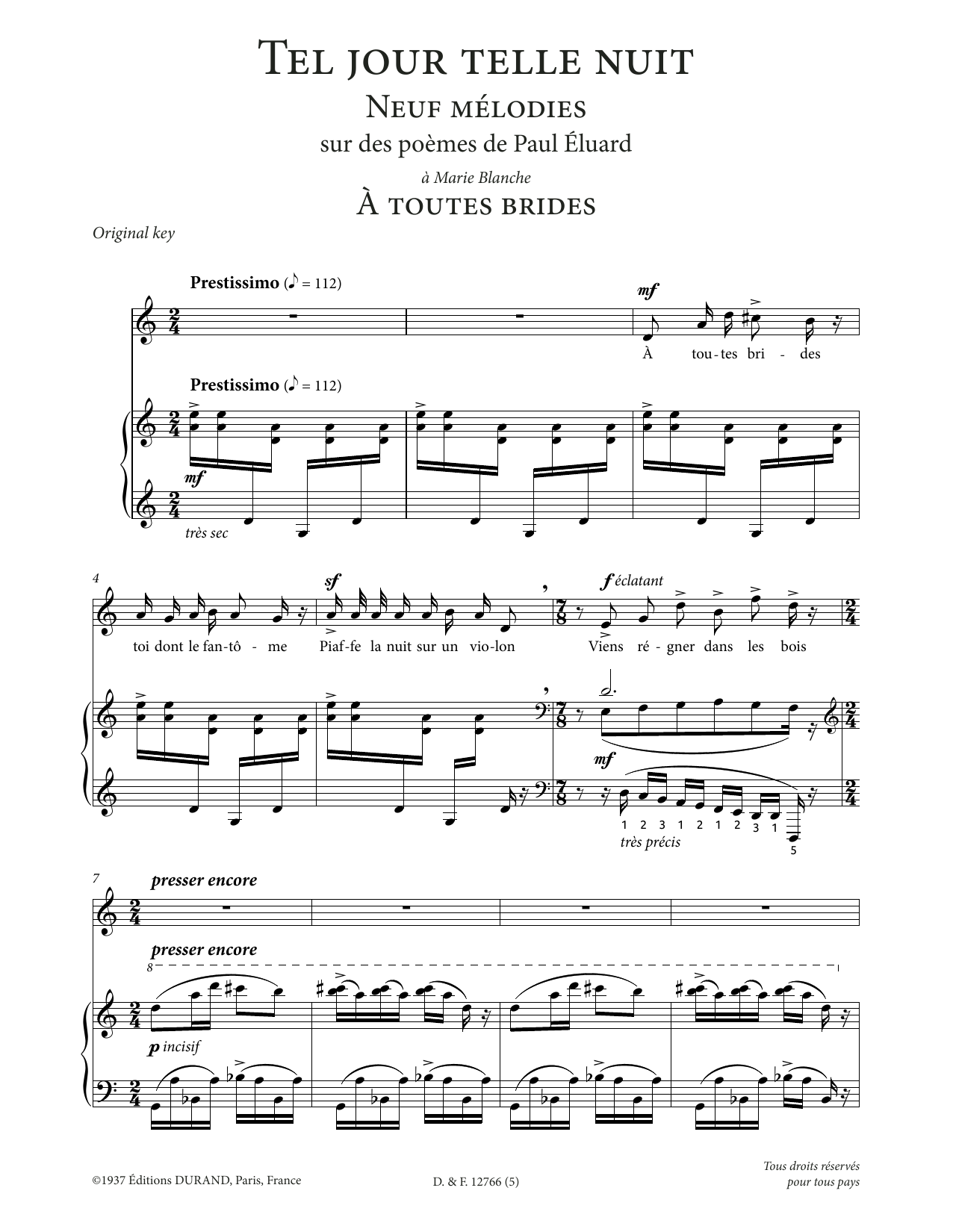 Francis Poulenc A toutes brides (High Voice) Sheet Music Notes & Chords for Piano & Vocal - Download or Print PDF