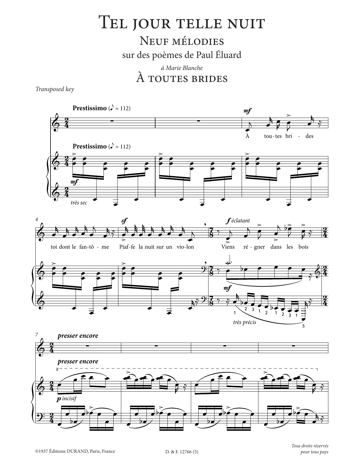Francis Poulenc A toutes brides (Low Voice) Sheet Music Notes & Chords for Piano & Vocal - Download or Print PDF