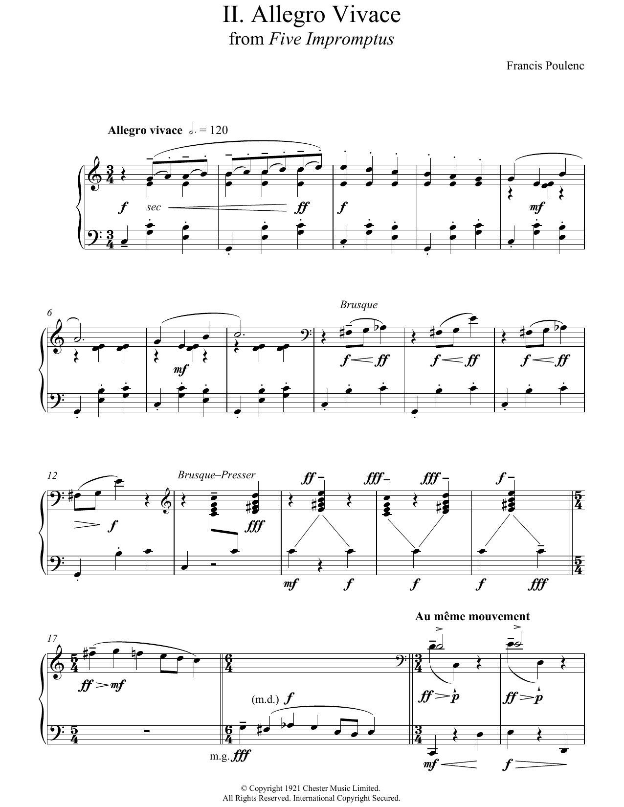 Francis Poulenc Allegro Vivace (From Five Impromptus) Sheet Music Notes & Chords for Piano - Download or Print PDF