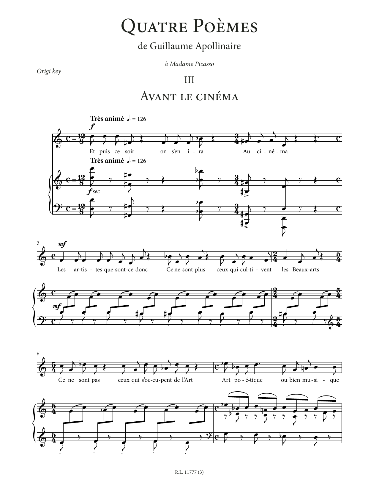 Francis Poulenc Avant le cinéma (Low Voice) Sheet Music Notes & Chords for Piano & Vocal - Download or Print PDF