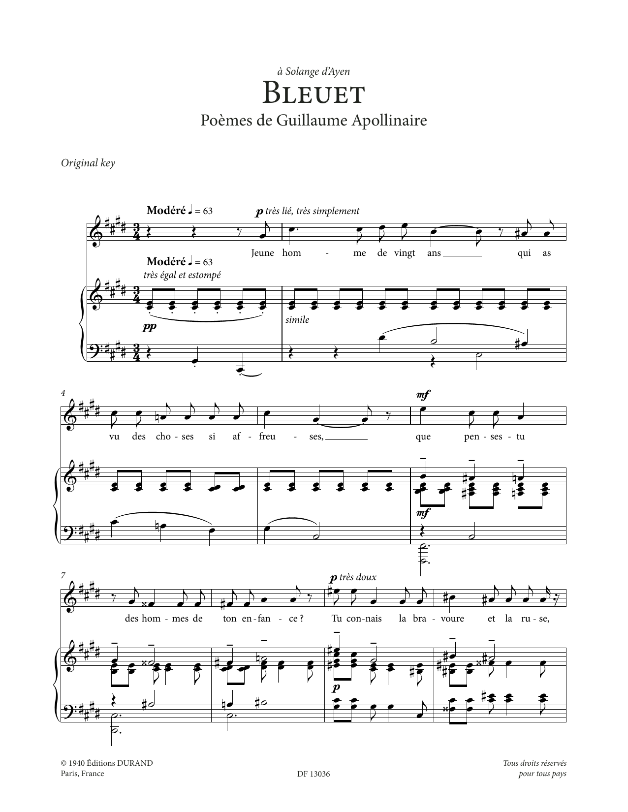 Francis Poulenc Bleuet (High Voice) Sheet Music Notes & Chords for Piano & Vocal - Download or Print PDF