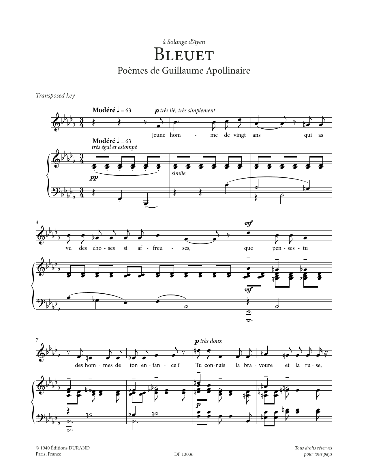 Francis Poulenc Bleuet (Low Voice) Sheet Music Notes & Chords for Piano & Vocal - Download or Print PDF