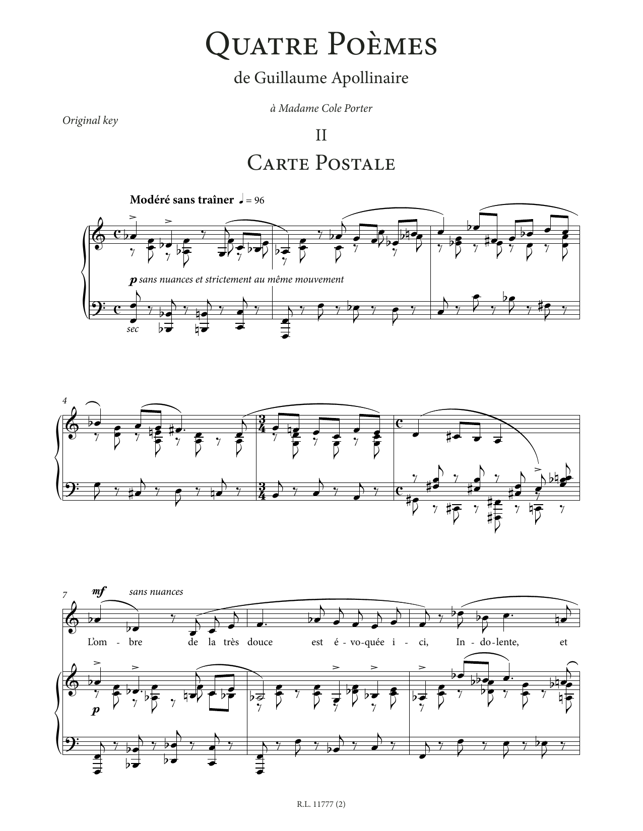 Francis Poulenc Carte postale (Low Voice) Sheet Music Notes & Chords for Piano & Vocal - Download or Print PDF