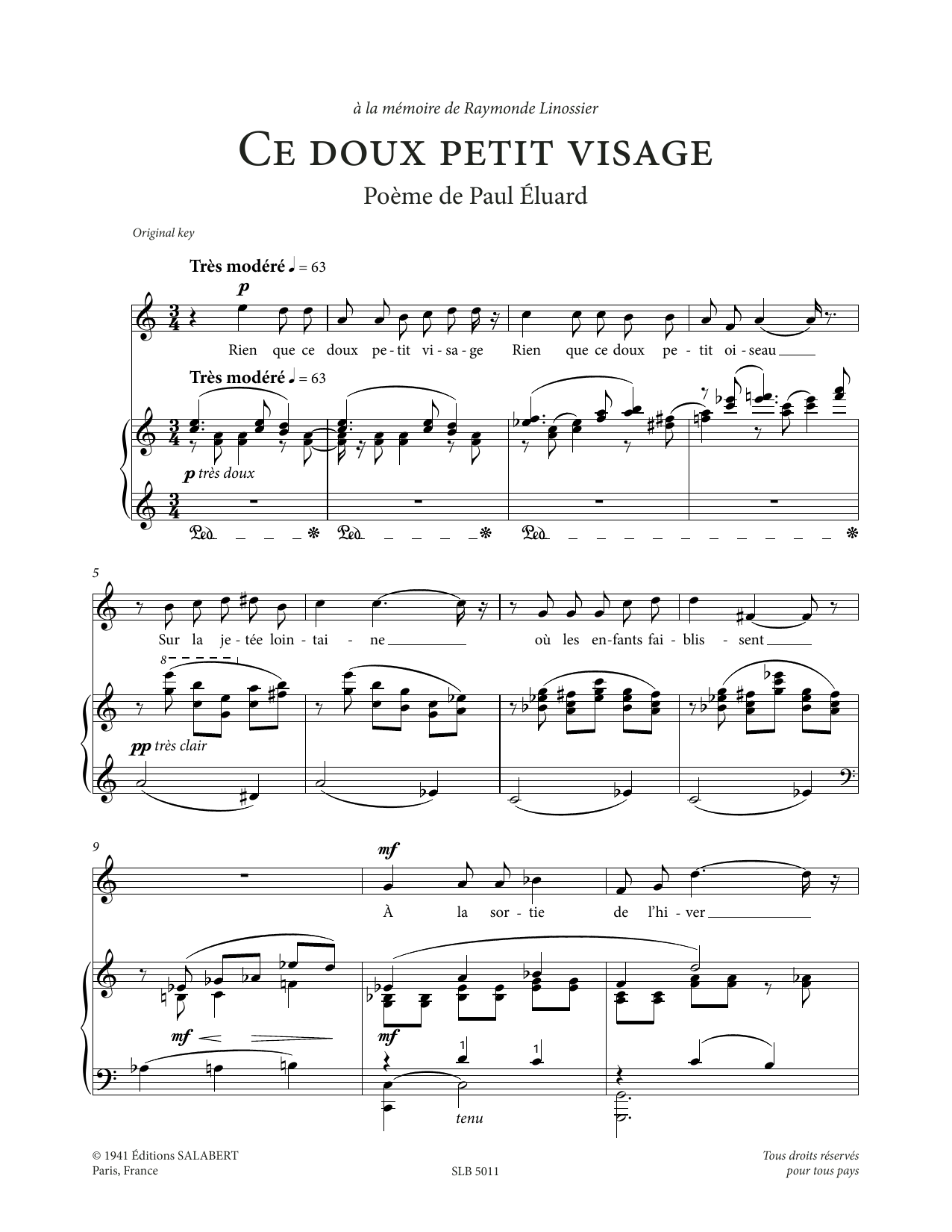 Francis Poulenc Ce doux petit visage (High Voice) Sheet Music Notes & Chords for Piano & Vocal - Download or Print PDF