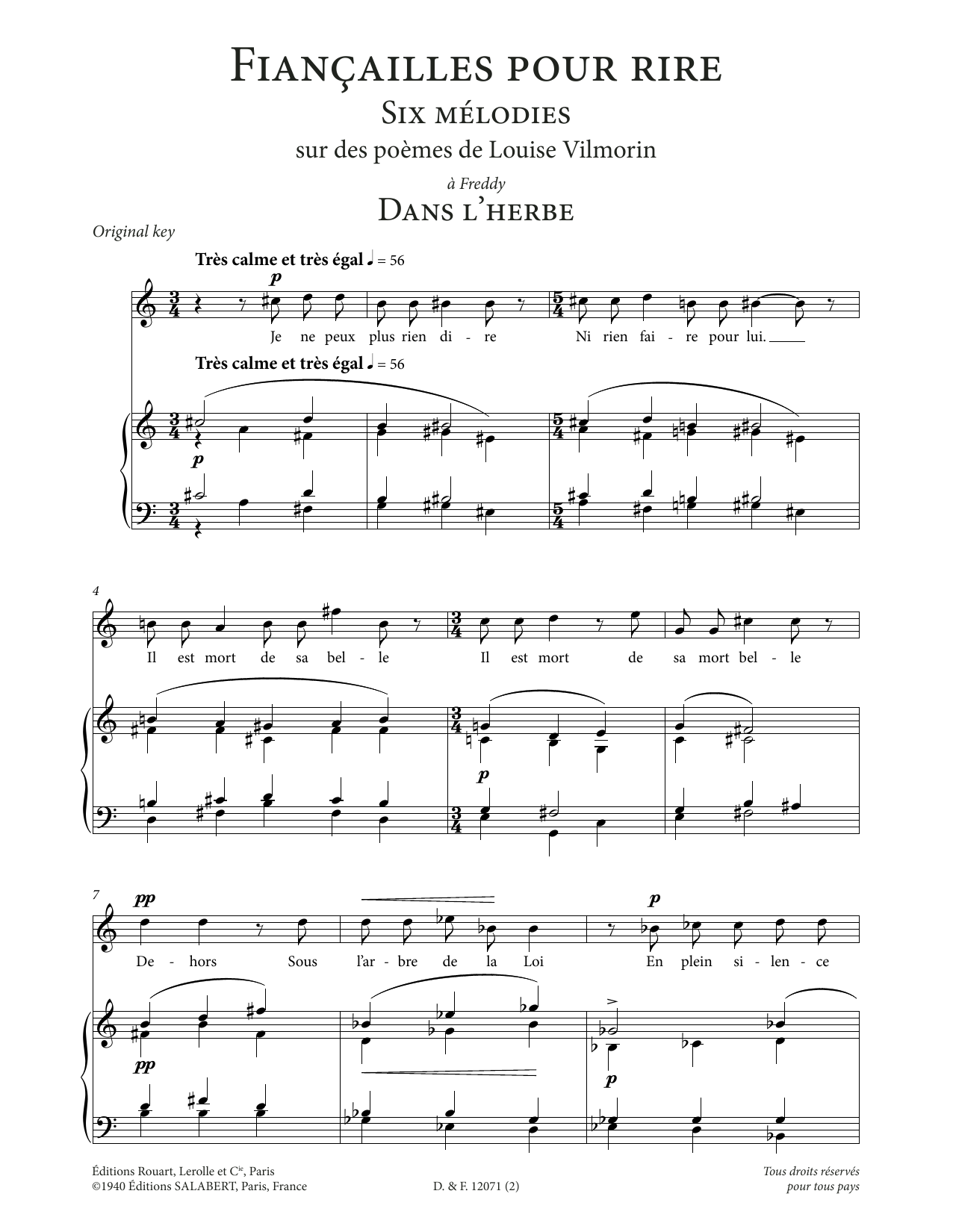 Francis Poulenc Dans l'herbe (High Voice) Sheet Music Notes & Chords for Piano & Vocal - Download or Print PDF