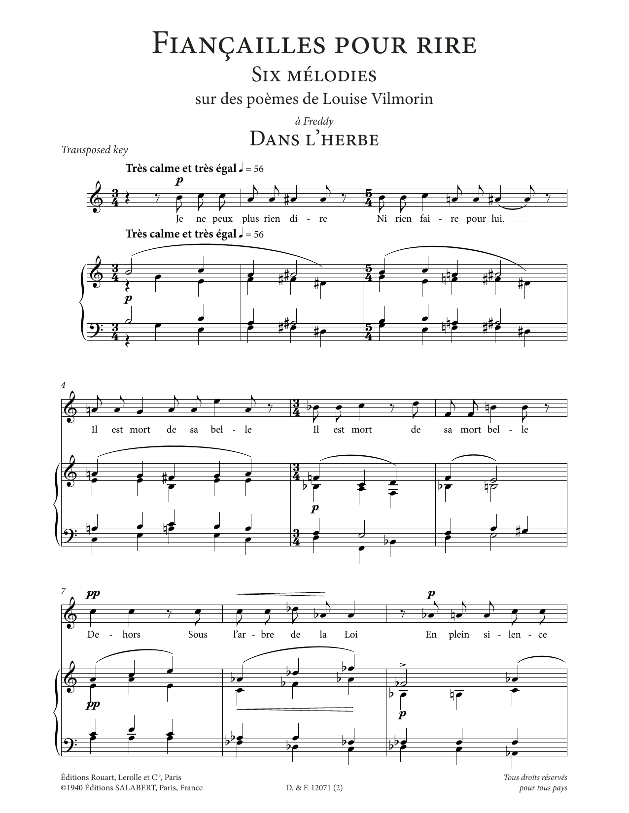 Francis Poulenc Dans l'herbe (Low Voice) Sheet Music Notes & Chords for Piano & Vocal - Download or Print PDF