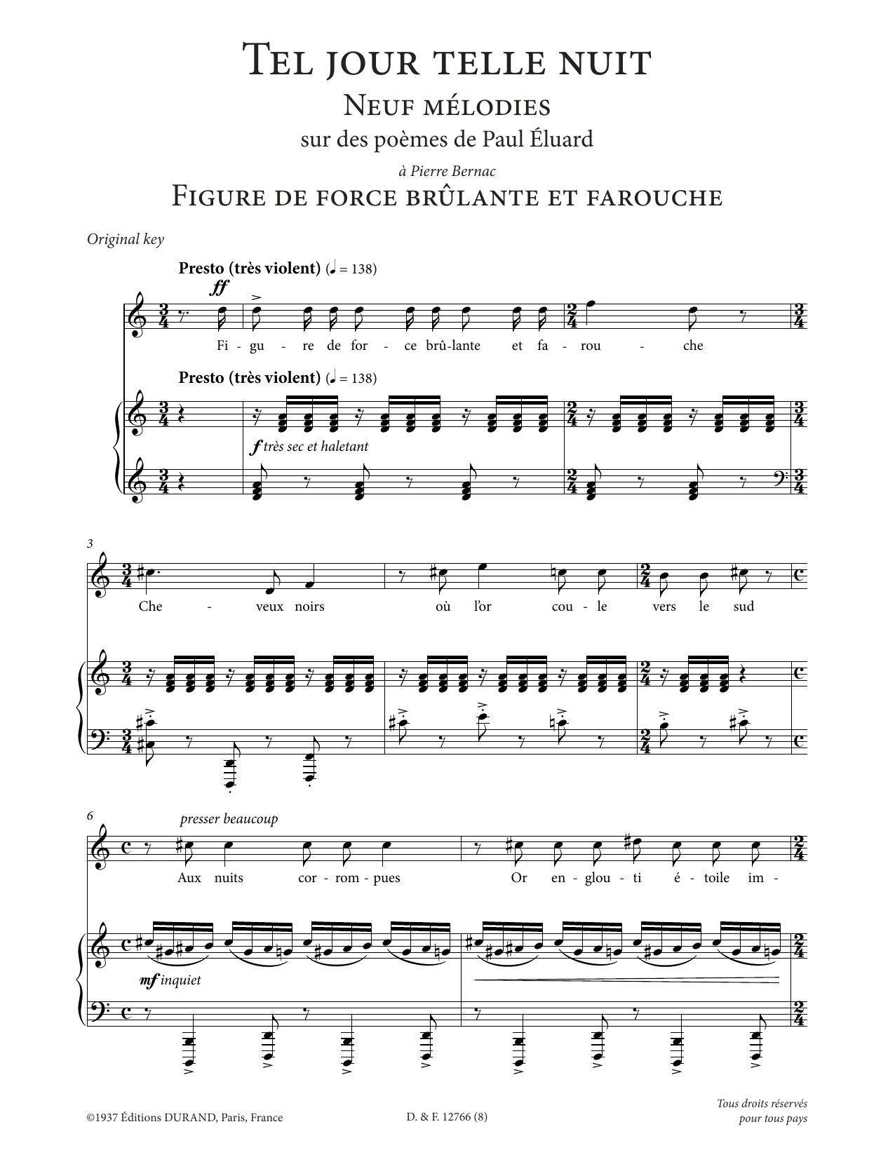 Francis Poulenc Figure de force brulante et farouche (High Voice) Sheet Music Notes & Chords for Piano & Vocal - Download or Print PDF