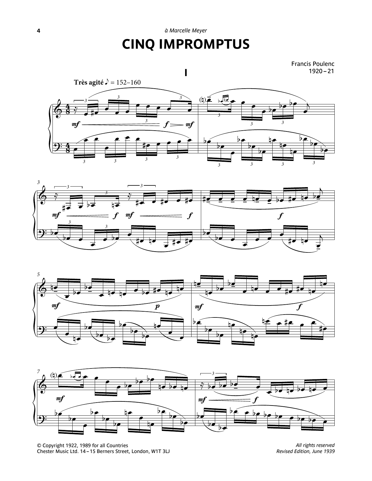 Francis Poulenc Five Impromptus - I. Tres Agite Sheet Music Notes & Chords for Piano Solo - Download or Print PDF