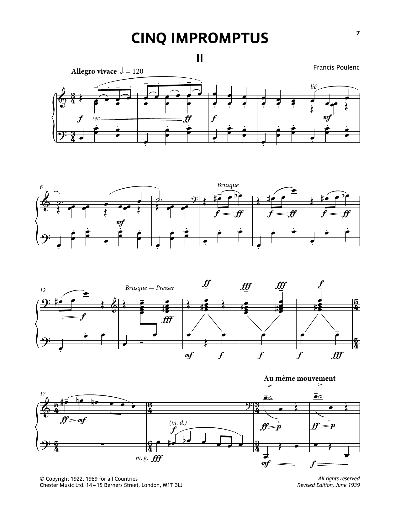 Francis Poulenc Five Impromptus - II. Allegro Vivace Sheet Music Notes & Chords for Piano Solo - Download or Print PDF