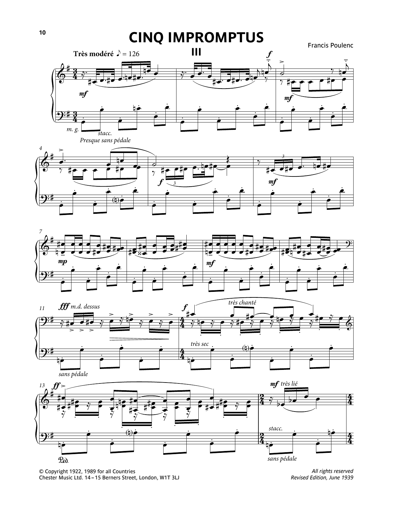 Francis Poulenc Five Impromptus - III. Tres Modere Sheet Music Notes & Chords for Piano Solo - Download or Print PDF