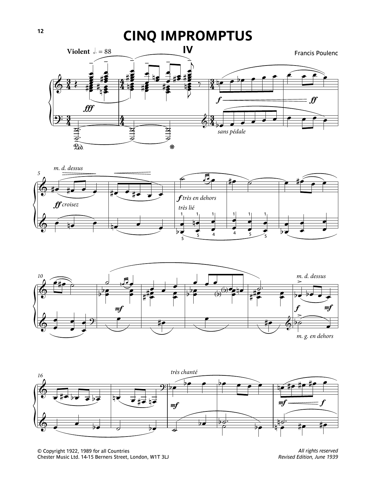 Francis Poulenc Five Impromptus - IV. Violent Sheet Music Notes & Chords for Piano Solo - Download or Print PDF