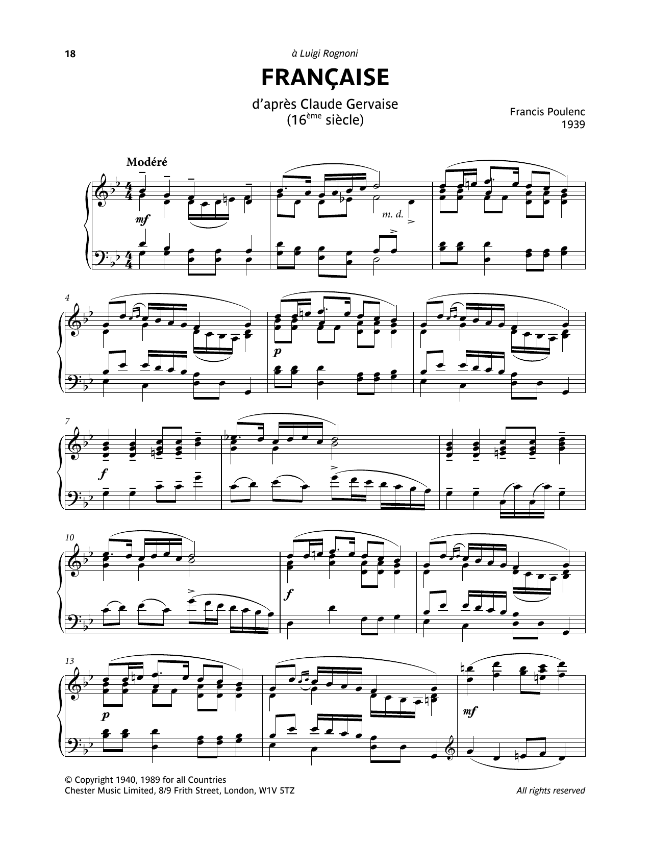 Francis Poulenc Francaise D'Apres Claude Gervaise (16eme Siecle) Sheet Music Notes & Chords for Piano Solo - Download or Print PDF