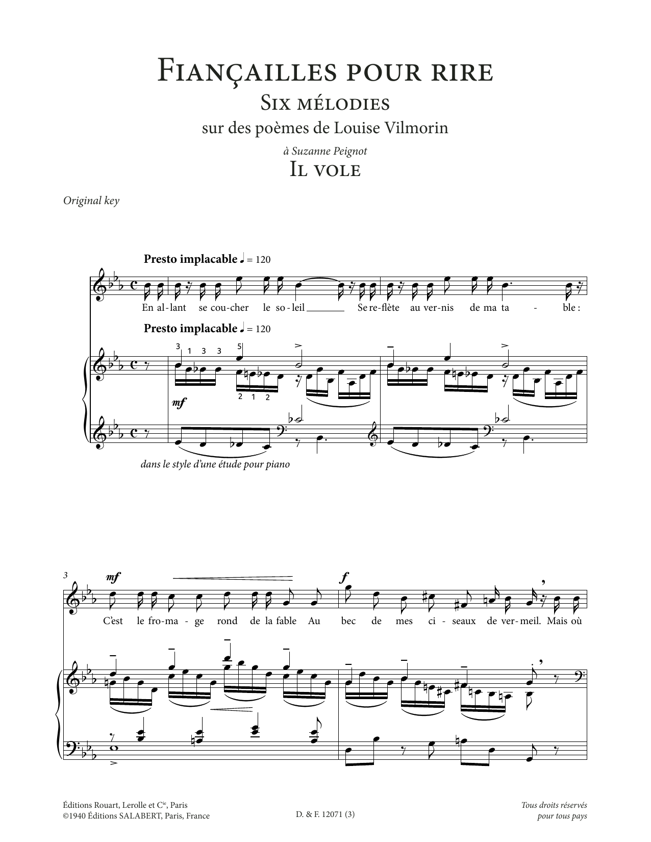 Francis Poulenc Il vole (High Voice) Sheet Music Notes & Chords for Piano & Vocal - Download or Print PDF