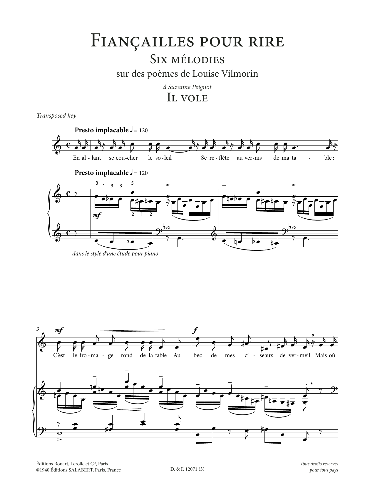 Francis Poulenc Il vole (Low Voice) Sheet Music Notes & Chords for Piano & Vocal - Download or Print PDF