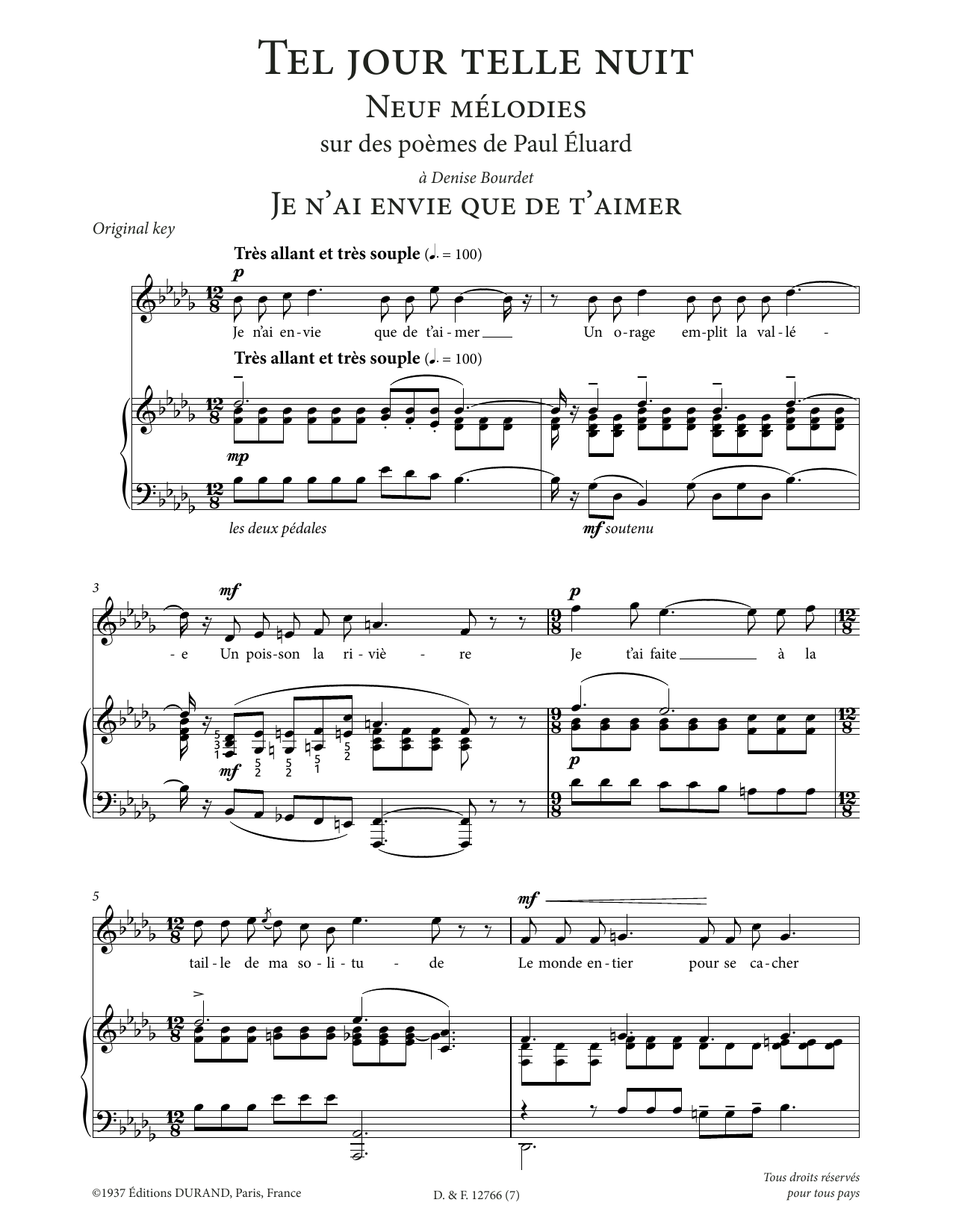 Francis Poulenc Je n'ai envie que de t'aimer (High Voice) Sheet Music Notes & Chords for Piano & Vocal - Download or Print PDF