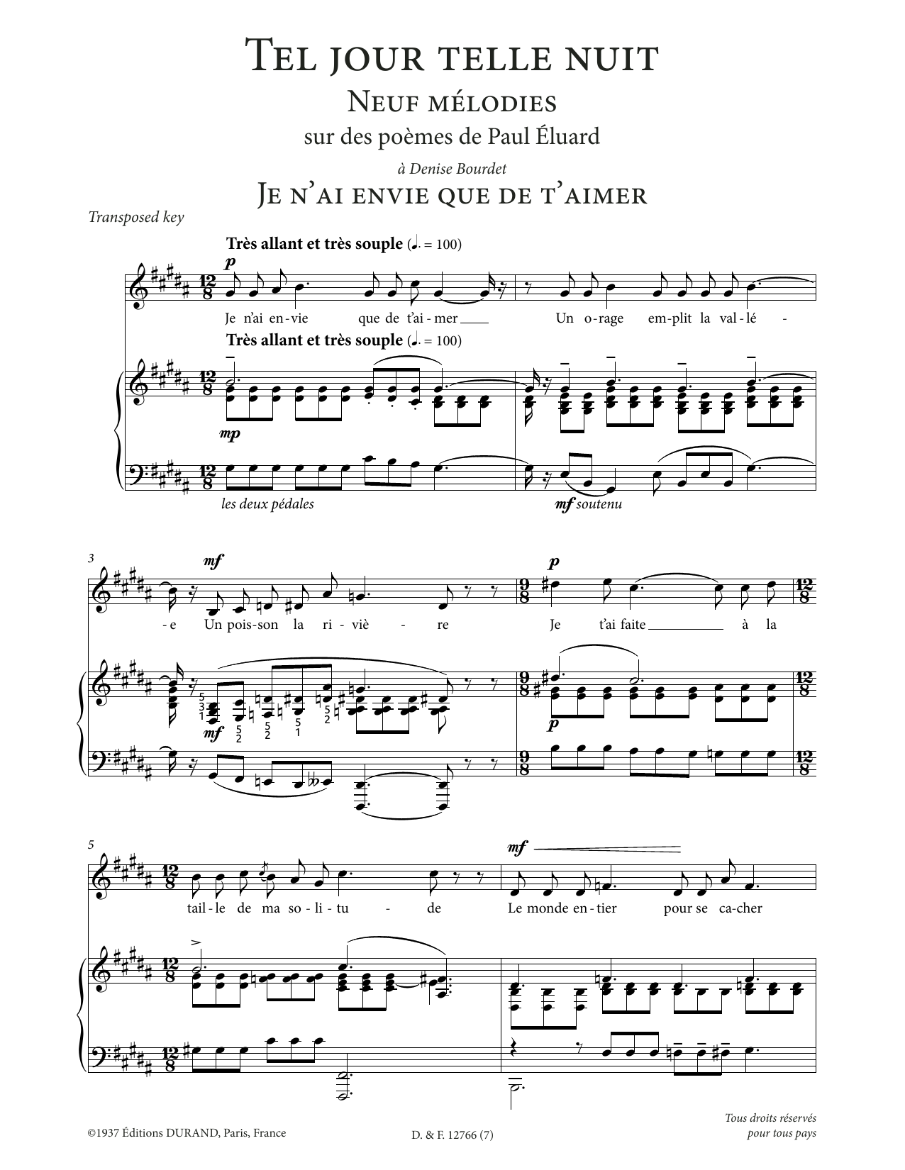 Francis Poulenc Je n'ai envie que de t'aimer (Low Voice) Sheet Music Notes & Chords for Piano & Vocal - Download or Print PDF