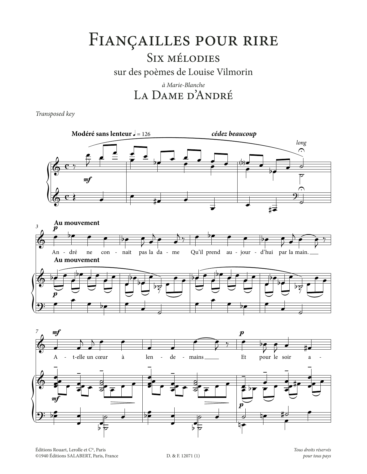 Francis Poulenc La Dame d'André (Low Voice) Sheet Music Notes & Chords for Piano & Vocal - Download or Print PDF