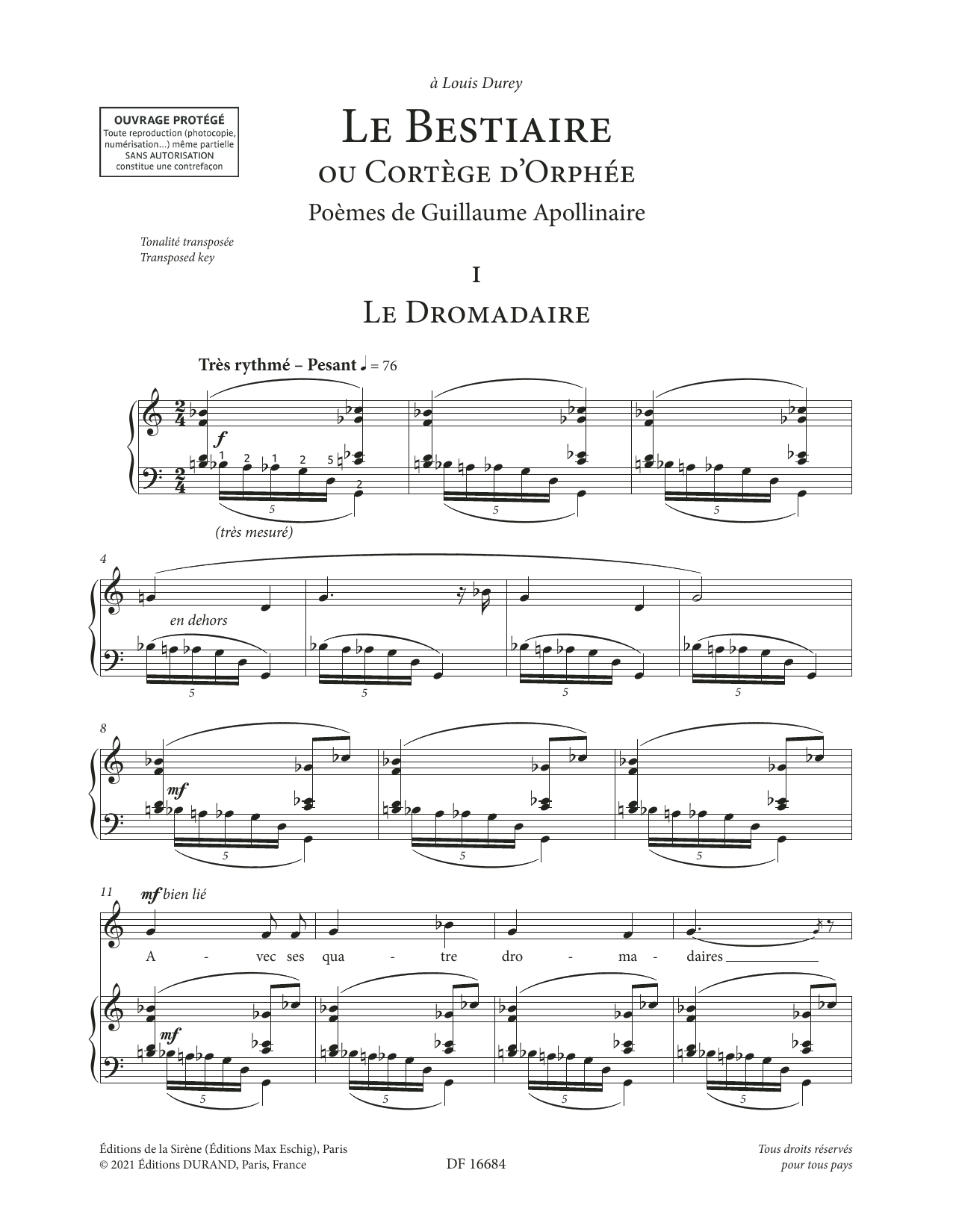 Francis Poulenc Le Bestiaire ou le Cortège d'Orphée (High Voice) Sheet Music Notes & Chords for Piano & Vocal - Download or Print PDF