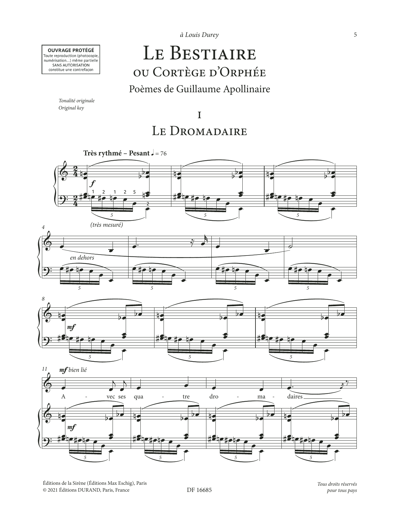 Francis Poulenc Le Bestiaire ou le Cortège d'Orphée (Low Voice) Sheet Music Notes & Chords for Piano & Vocal - Download or Print PDF