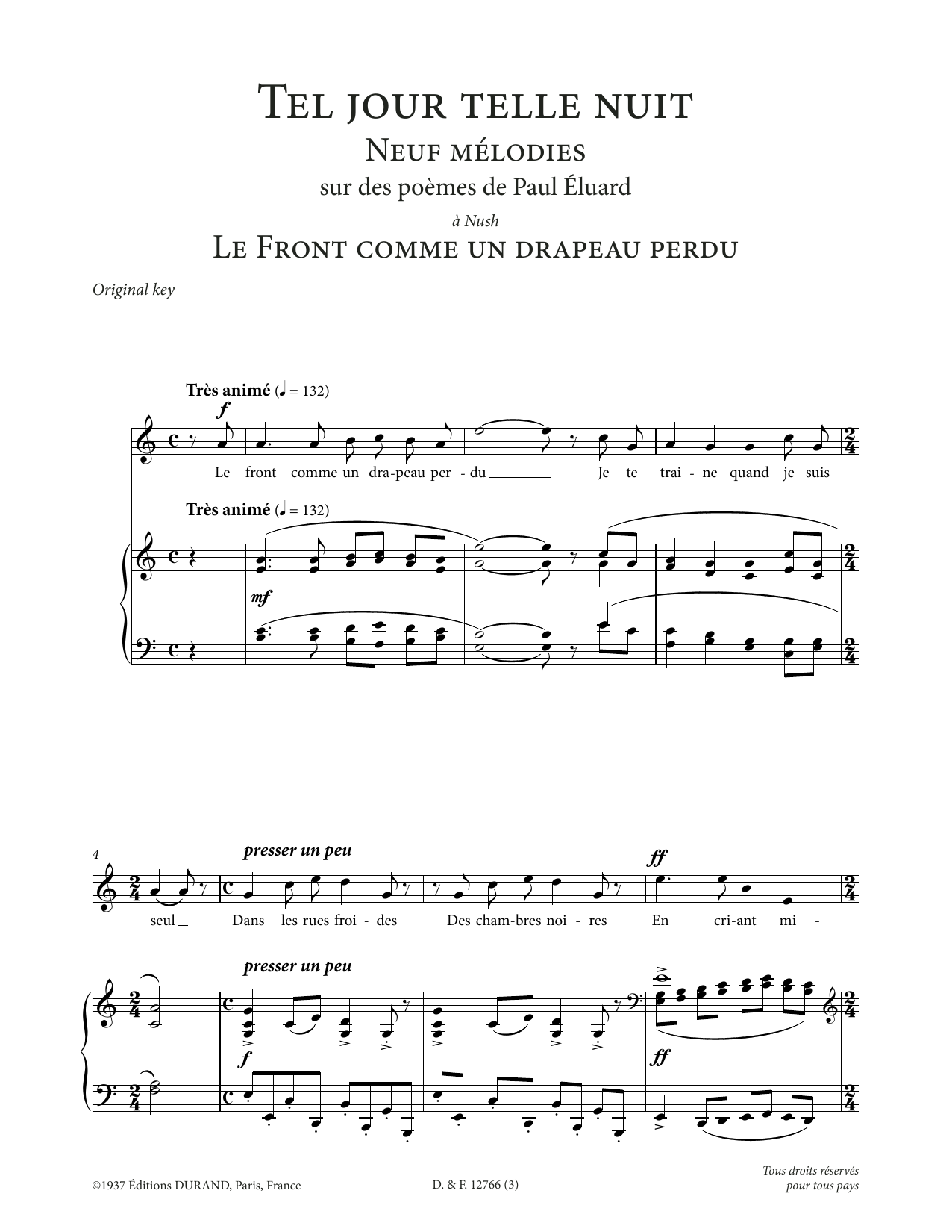 Francis Poulenc Le front comme un drapeau perdu (High Voice) Sheet Music Notes & Chords for Piano & Vocal - Download or Print PDF