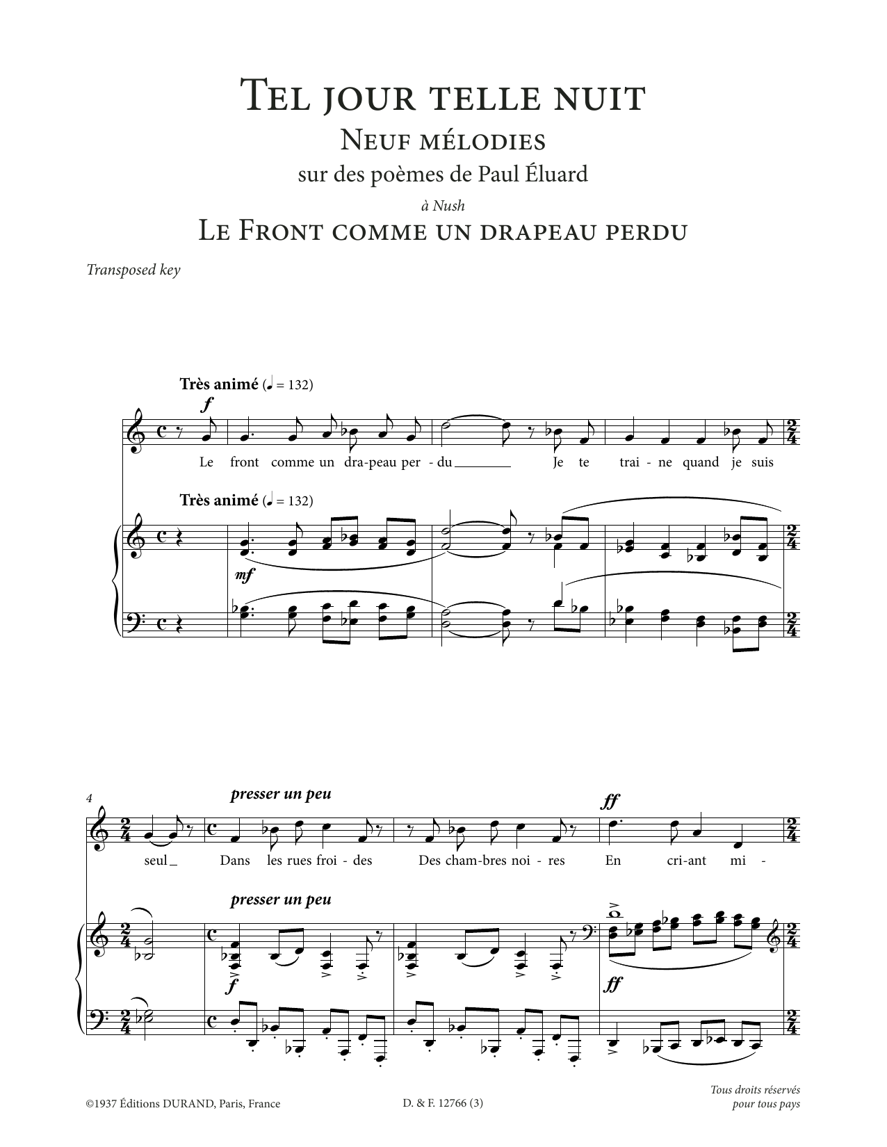 Francis Poulenc Le front comme un drapeau perdu (Low Voice) Sheet Music Notes & Chords for Piano & Vocal - Download or Print PDF