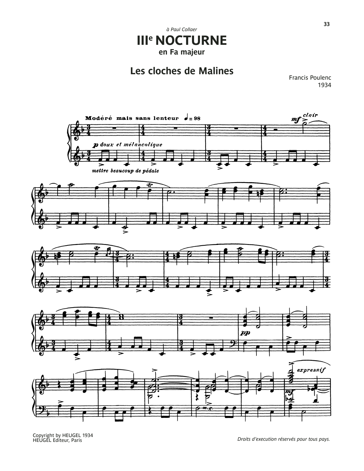 Francis Poulenc Nocturne No. 3 (Les Cloches De Malines) Sheet Music Notes & Chords for Piano Solo - Download or Print PDF