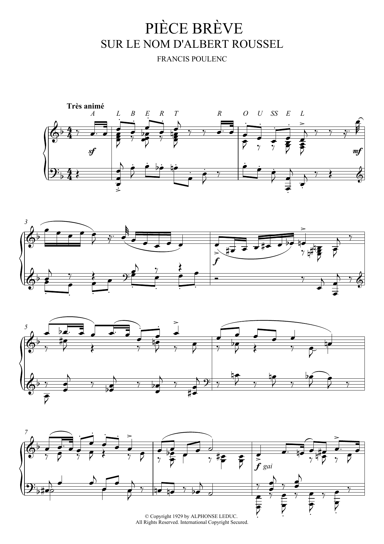 Francis Poulenc Piece Breve Sur Le Nom D'Albert Roussel Sheet Music Notes & Chords for Piano - Download or Print PDF