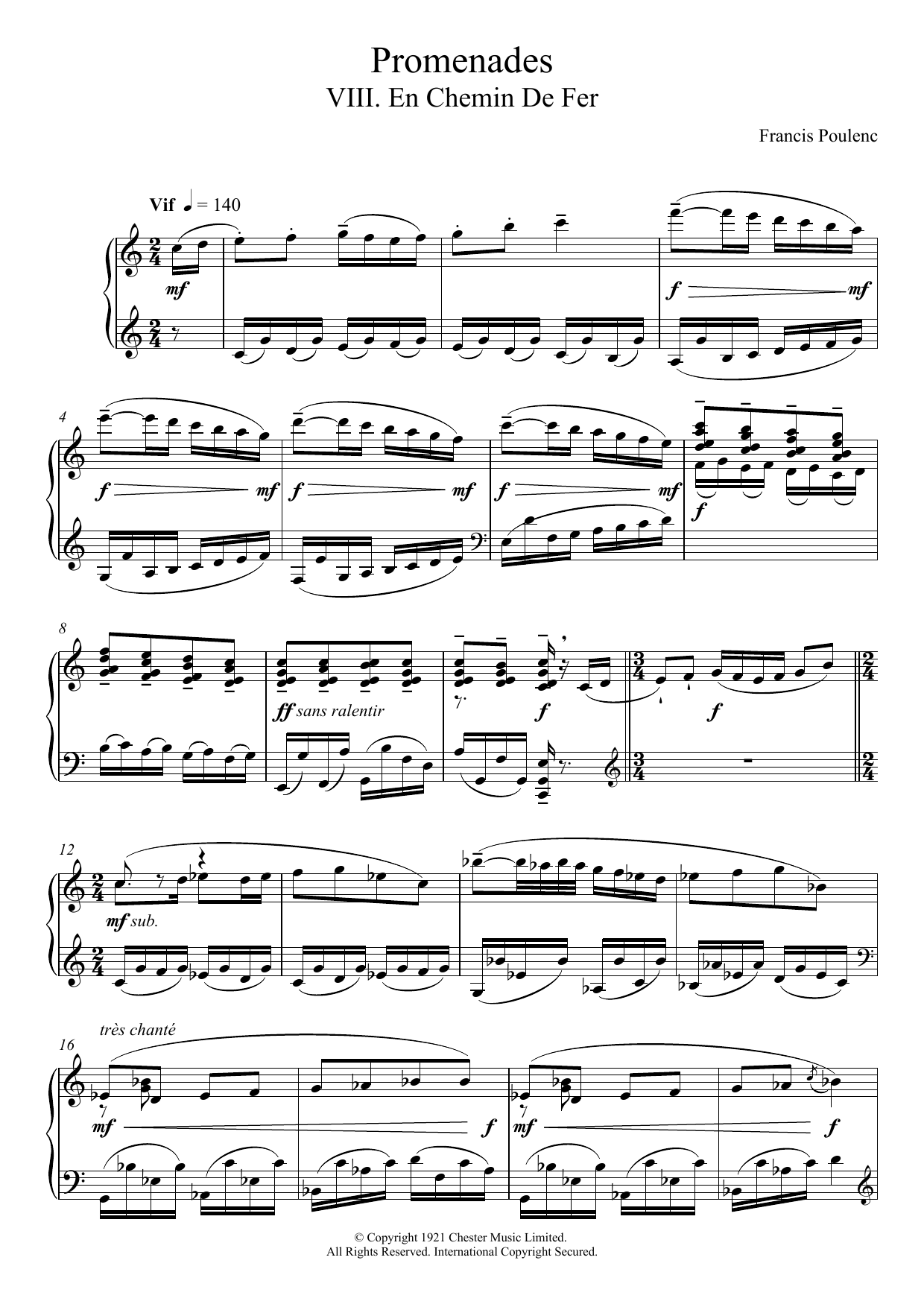 Francis Poulenc Promenades - VIII. En Chemin De Fer Sheet Music Notes & Chords for Piano - Download or Print PDF