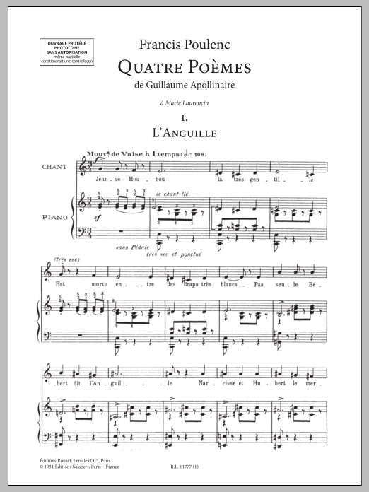Francis Poulenc Quatre Poèmes de Guillaume Apollinaire Sheet Music Notes & Chords for Piano & Vocal - Download or Print PDF