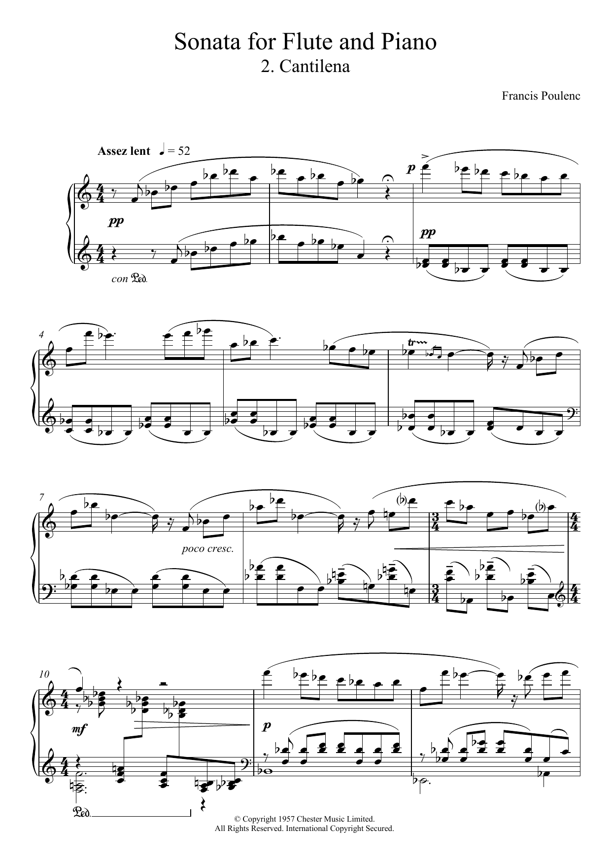 Francis Poulenc Sonata For Flute, 2nd Movement 'Cantilena: Assez Lent' Sheet Music Notes & Chords for Piano - Download or Print PDF