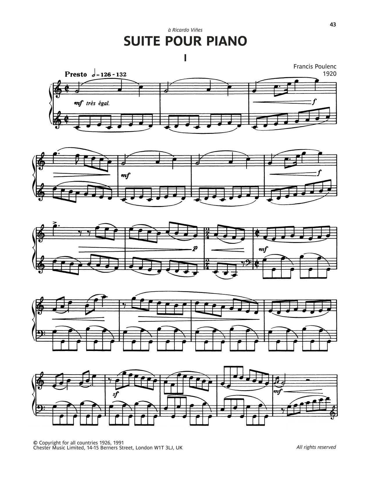 Francis Poulenc Suite For Piano - I. Presto Sheet Music Notes & Chords for Piano Solo - Download or Print PDF