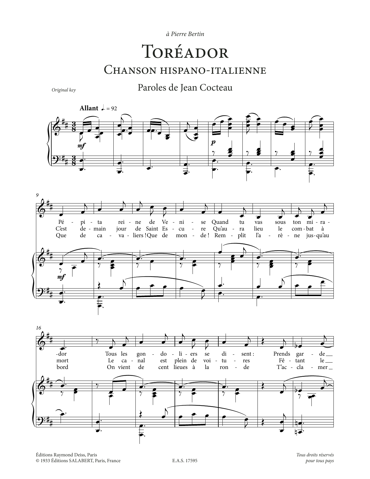 Francis Poulenc Toréador Sheet Music Notes & Chords for Piano & Vocal - Download or Print PDF