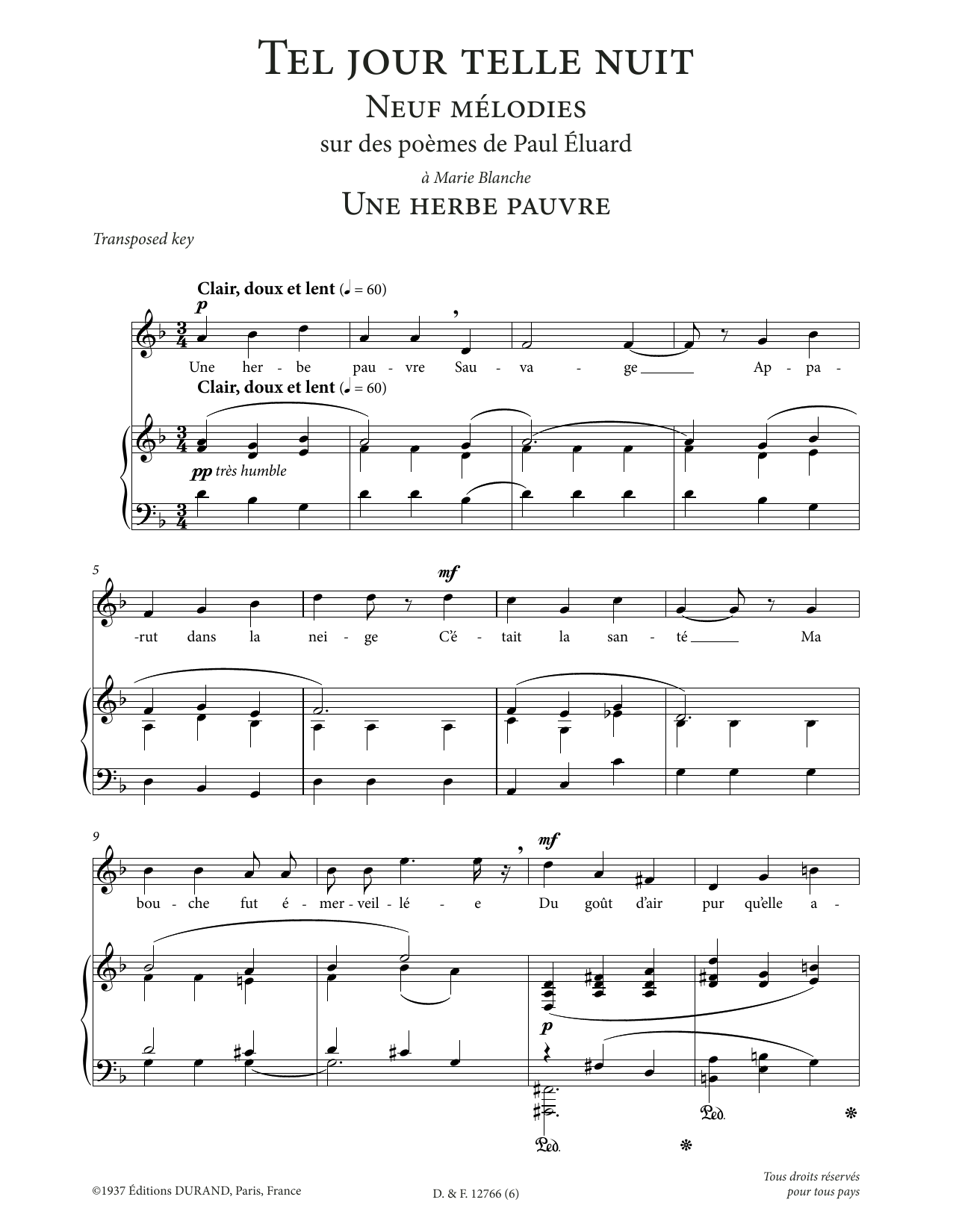 Francis Poulenc Une herbe pauvre (Low Voice) Sheet Music Notes & Chords for Piano & Vocal - Download or Print PDF