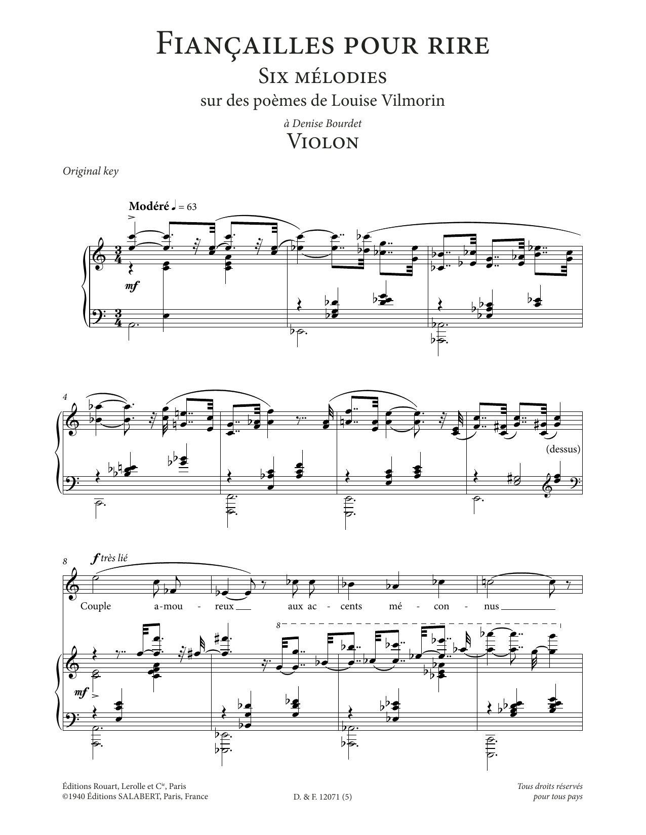 Francis Poulenc Violon (High Voice) Sheet Music Notes & Chords for Piano & Vocal - Download or Print PDF