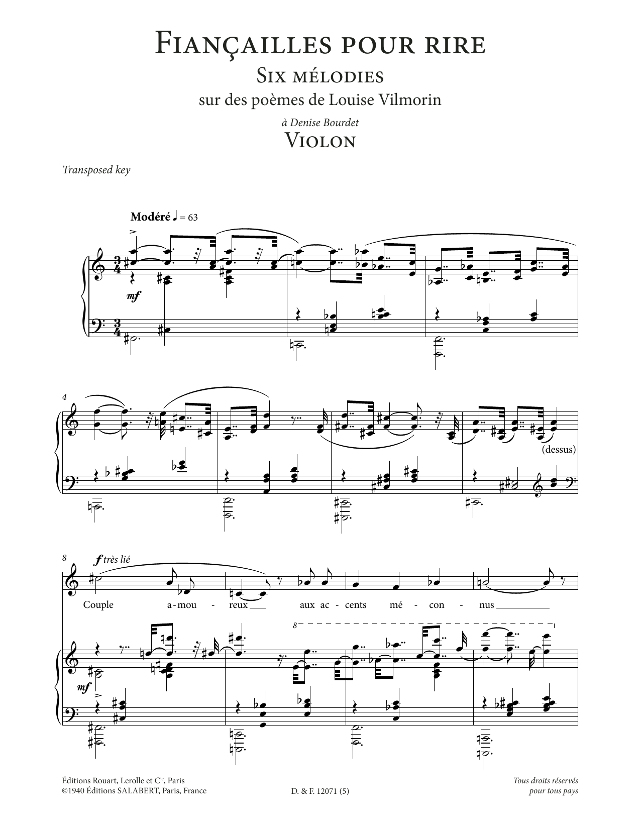 Francis Poulenc Violon (Low Voice) Sheet Music Notes & Chords for Piano & Vocal - Download or Print PDF