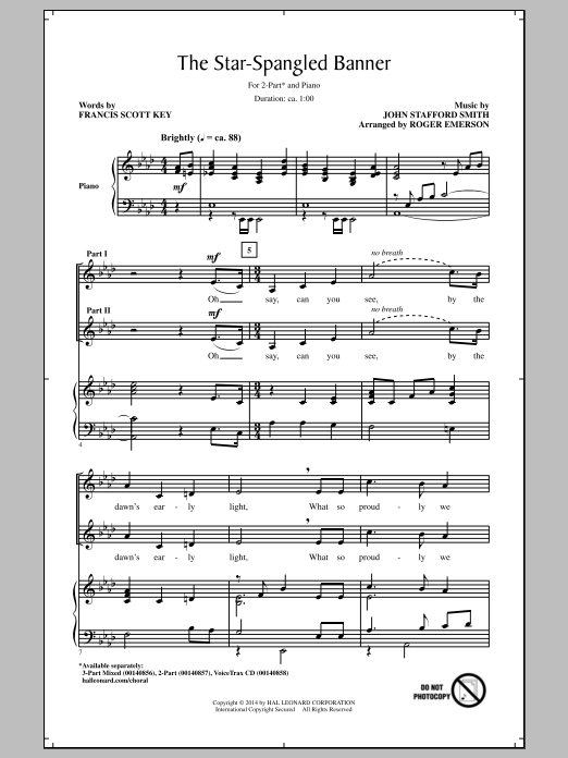 Francis Scott Key The Star Spangled Banner (arr. Roger Emerson) Sheet Music Notes & Chords for 2-Part Choir - Download or Print PDF