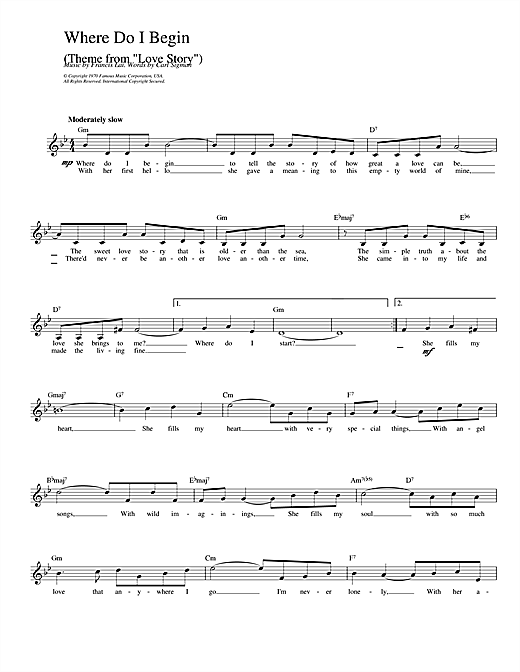 Preview Francis Lai Where Do I Begin (theme from Love Story) Film and TV sheet music, notes and chords for Melody Line, Lyrics & Chords, SKU: 14229 Where Do I Begin (theme from Love Story) sheet music