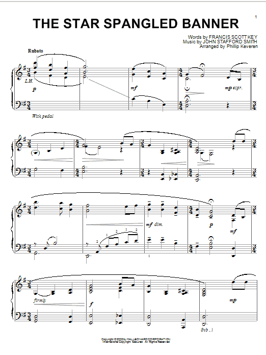 Preview Francis Scott Key The Star Spangled Banner (arr. Phillip Keveren) Film and TV sheet music, notes and chords for Piano, SKU: 58296 The Star Spangled Banner (arr. Phillip Keveren) sheet music