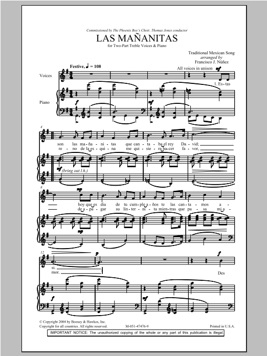 Francisco J. Nunez Las Mananitas Sheet Music Notes & Chords for 2-Part Choir - Download or Print PDF