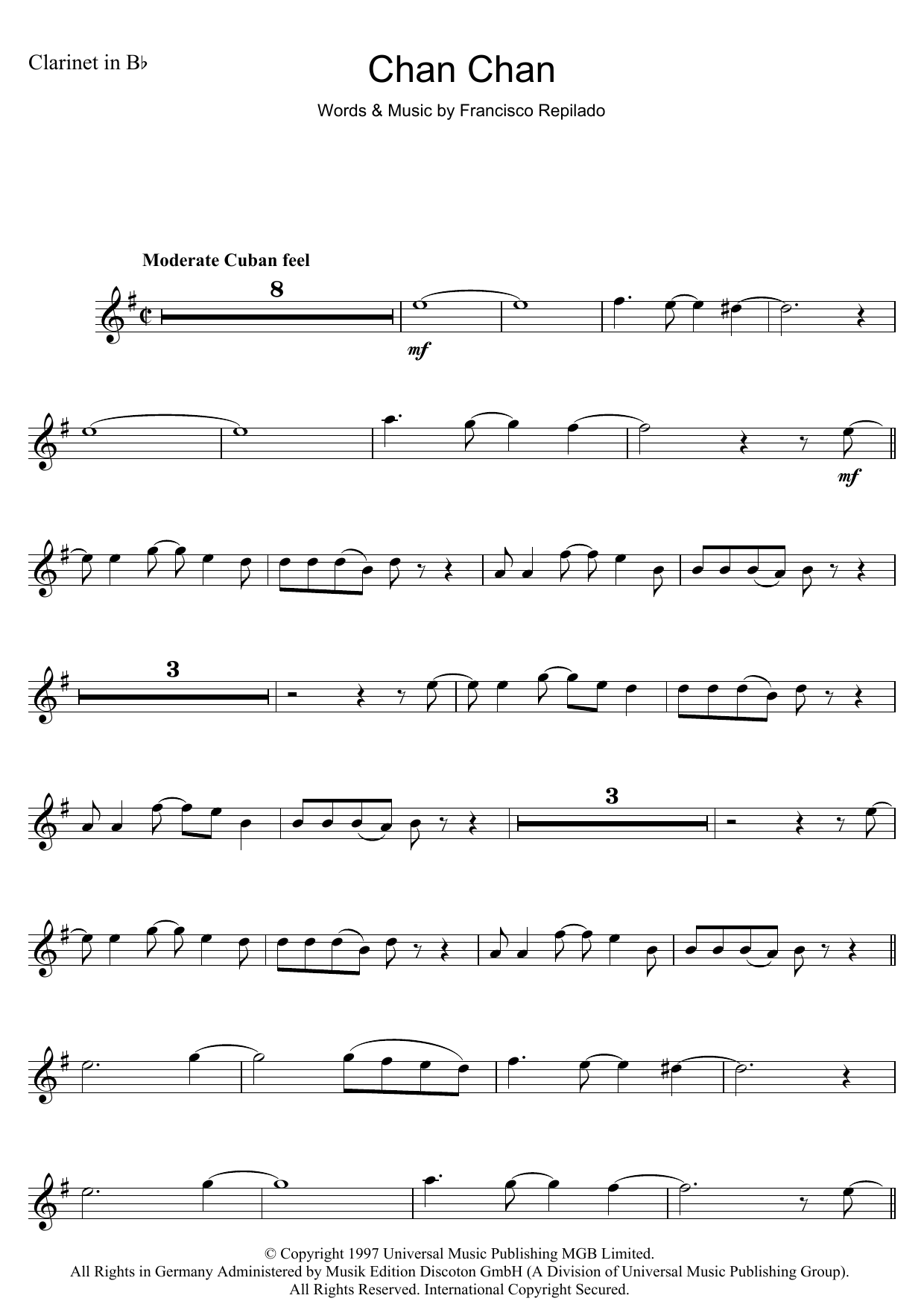 Francisco Repilado Chan Chan Sheet Music Notes & Chords for Clarinet - Download or Print PDF