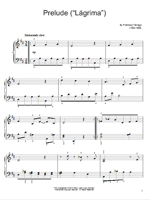 Francisco Tarrega Lagrima Sheet Music Notes & Chords for Easy Piano - Download or Print PDF